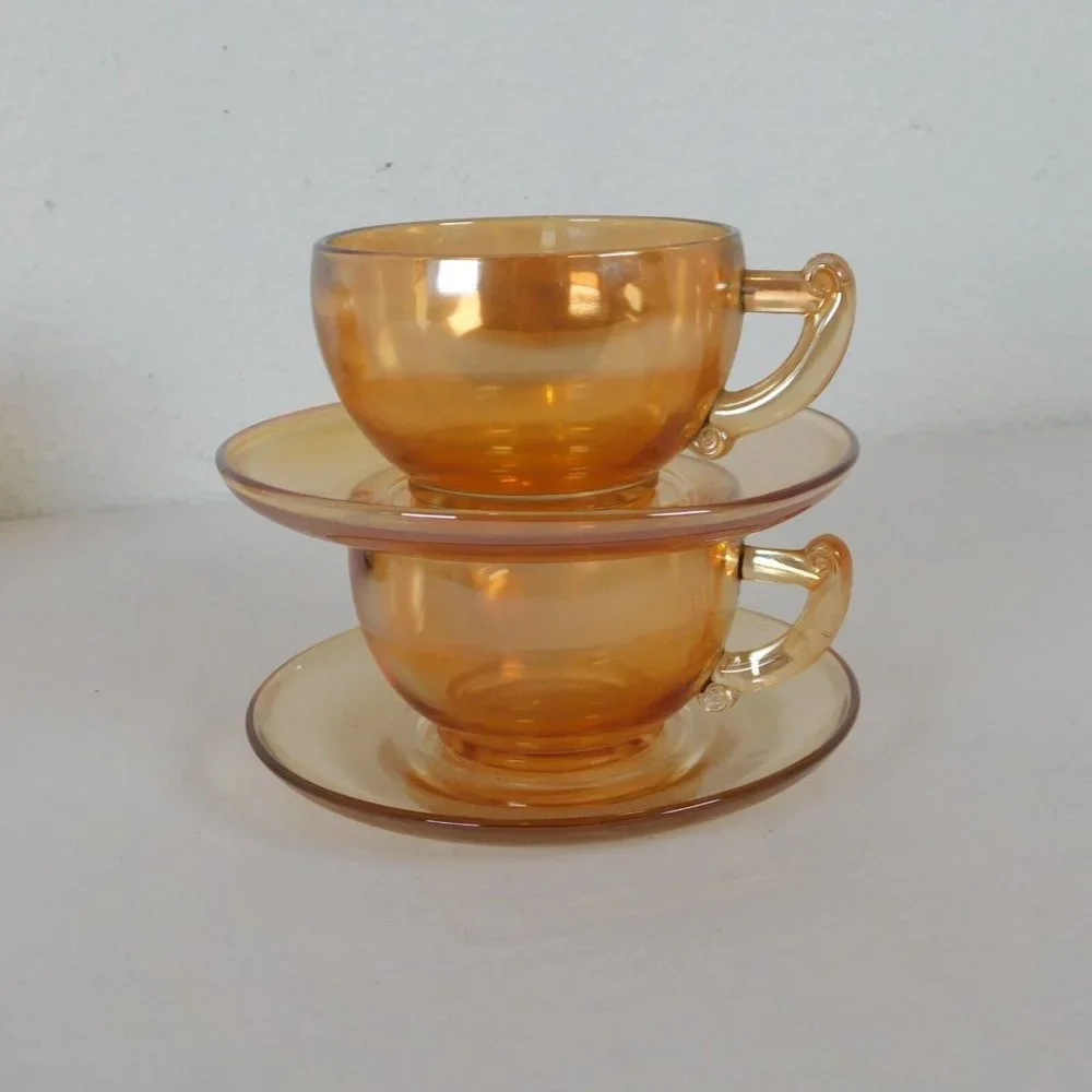Set of 2 Jeanette Glass Moderne Marigold Iridescent Cup & Saucer Set Punch Cup - Picture 10 of 10